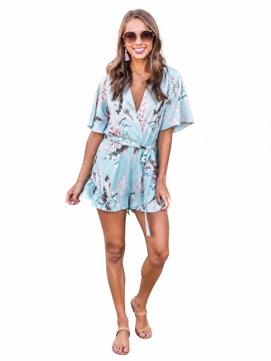 Pink Lily Pants - NWT Pink Lily Blue Blush Pink and Blue Floral Romper with Wrap Top